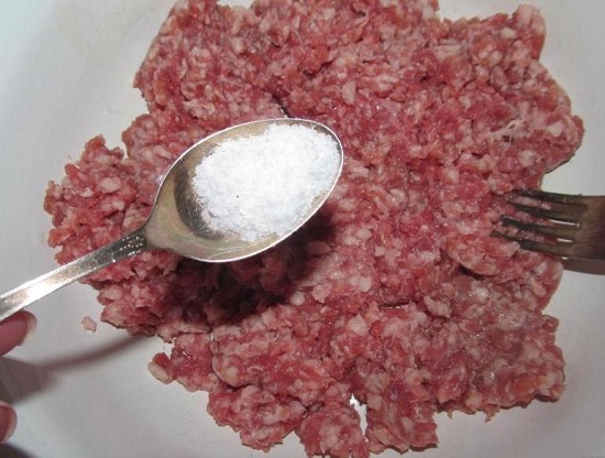 Выкладываем фарш в миску и добавляем соль